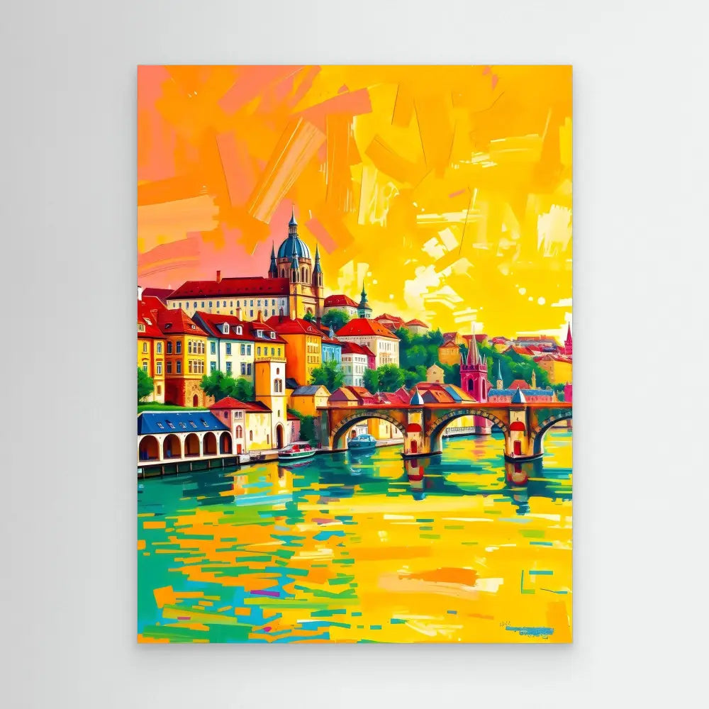 Vibrant, colorful painting of a European cityscape with bridges over water during sunset.