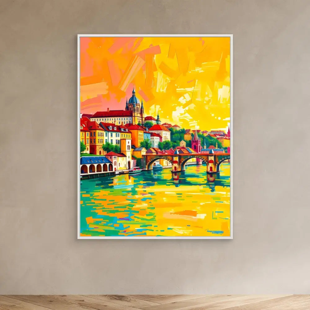 Vibrant, colorful painting of a European cityscape with bridges over water at sunset.