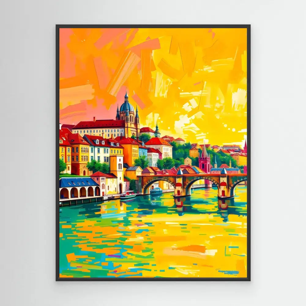 Vibrant colorful painting of a European cityscape with bridges over water reflecting a golden sky.