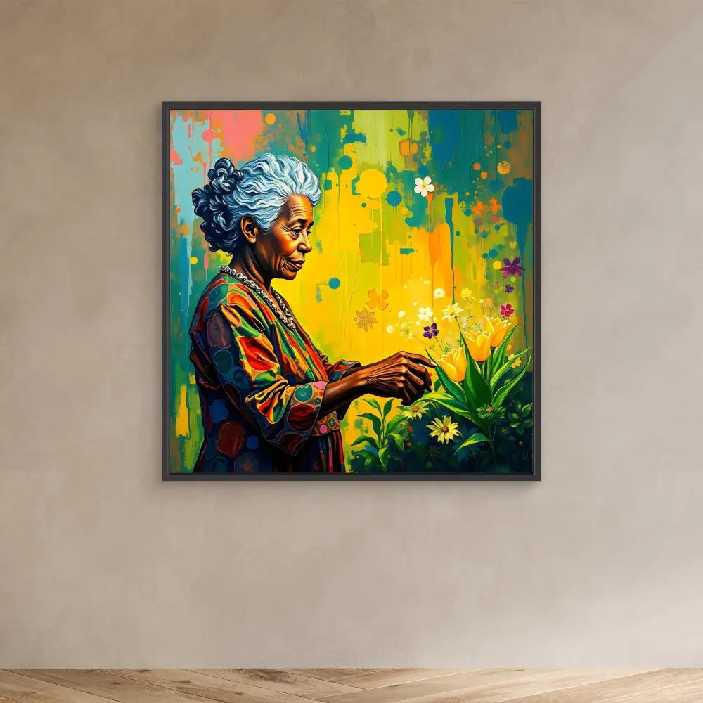 A vibrant colorful painting depicting someone tending to flowers in a garden.