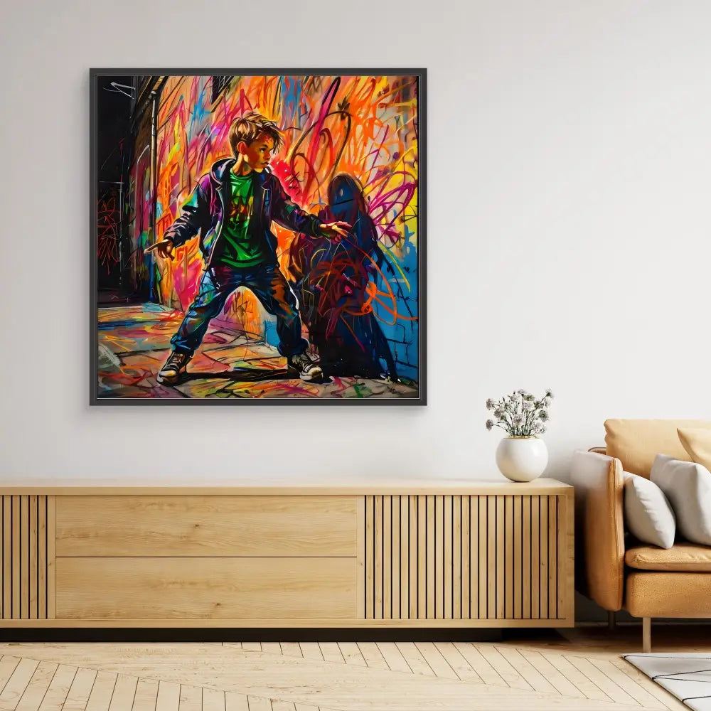 Vibrant colorful painting of hip-hop dancers against a graffiti backdrop.