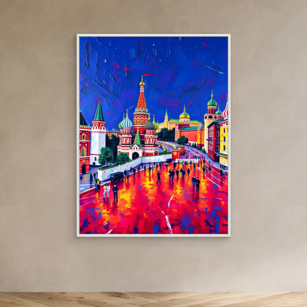 Vibrant, colorful painting of Moscow’s Saint Basil’s Cathedral and Red Square at night.