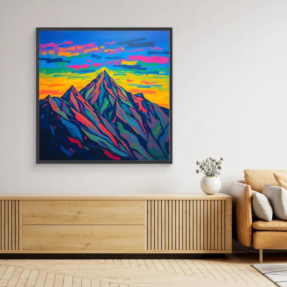 Vibrant, colorful painting of a mountain peak against a sunset sky.