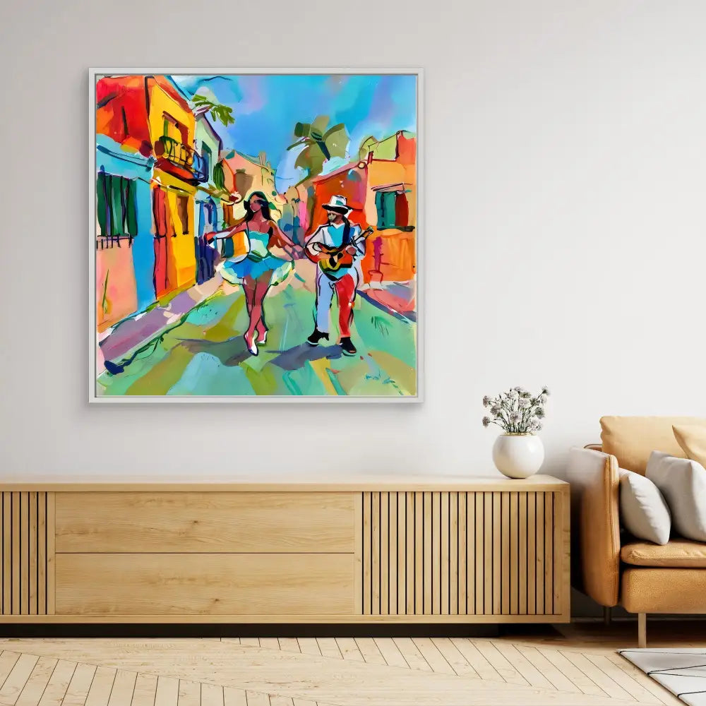 Vibrant colorful painting of musicians performing on a lively street with colonial-style buildings.