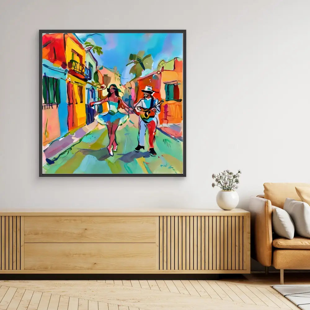 Vibrant colorful painting of musicians performing on a lively street in New Orleans.