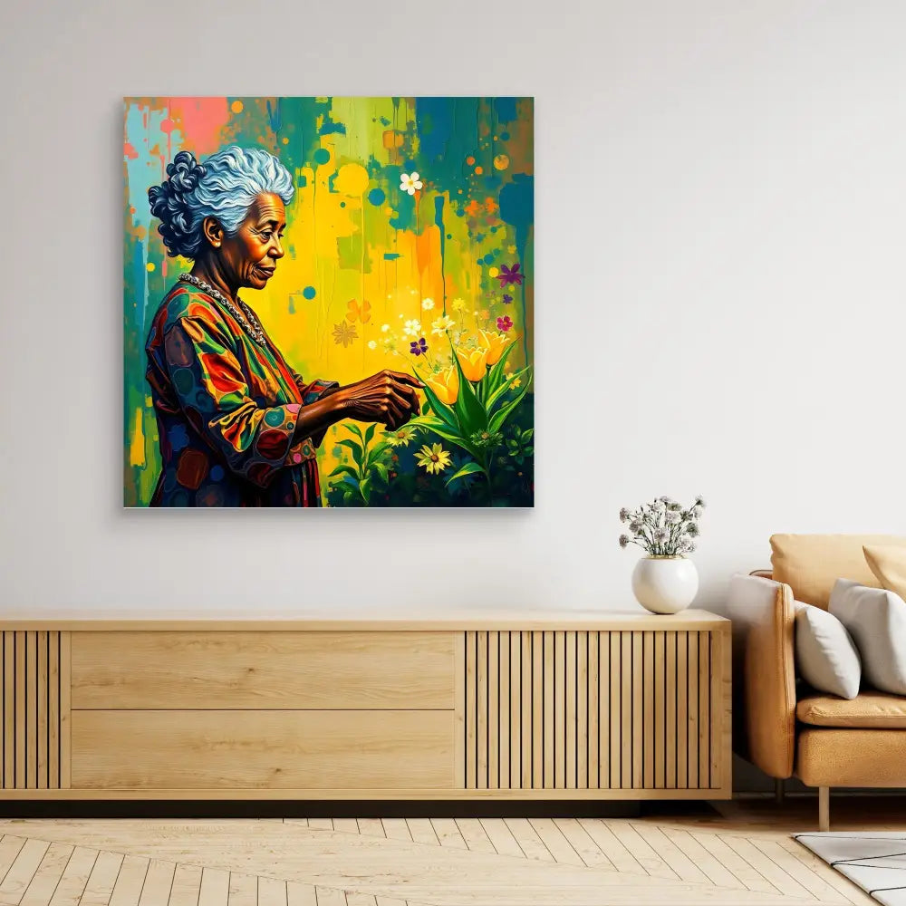 Vibrant colorful painting depicting a person in traditional dress tending to flowers against a yellow-green background.