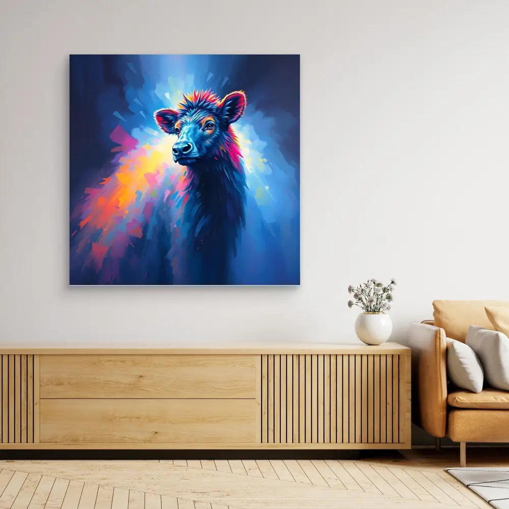 Vibrant colorful painting of a ram with glowing neon-like effects.