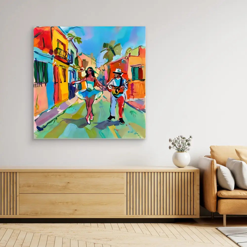 Vibrant colorful painting of street musicians performing in a Latin American cityscape.