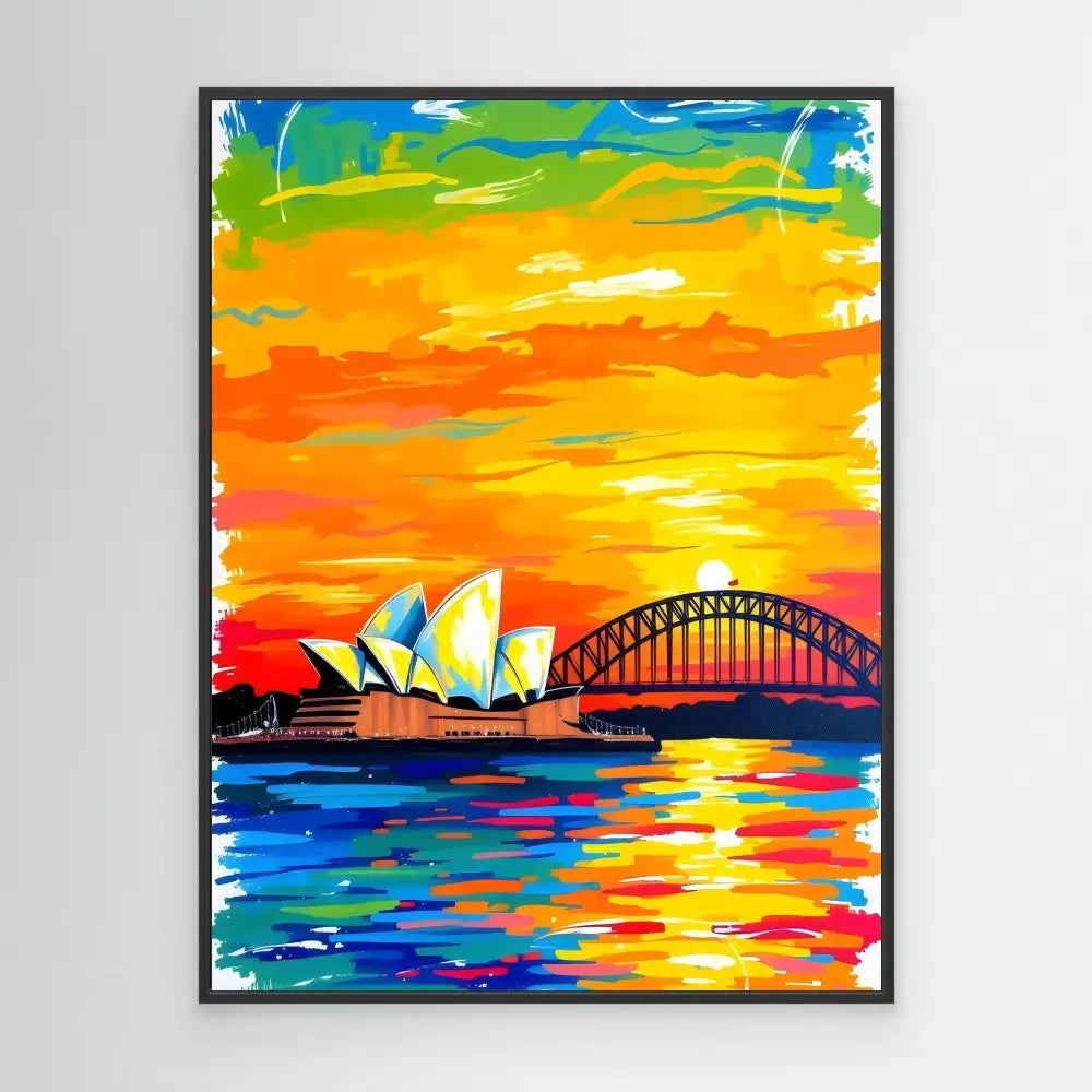 Vibrant, colorful painting of the Sydney Opera House and Harbour Bridge at sunset.