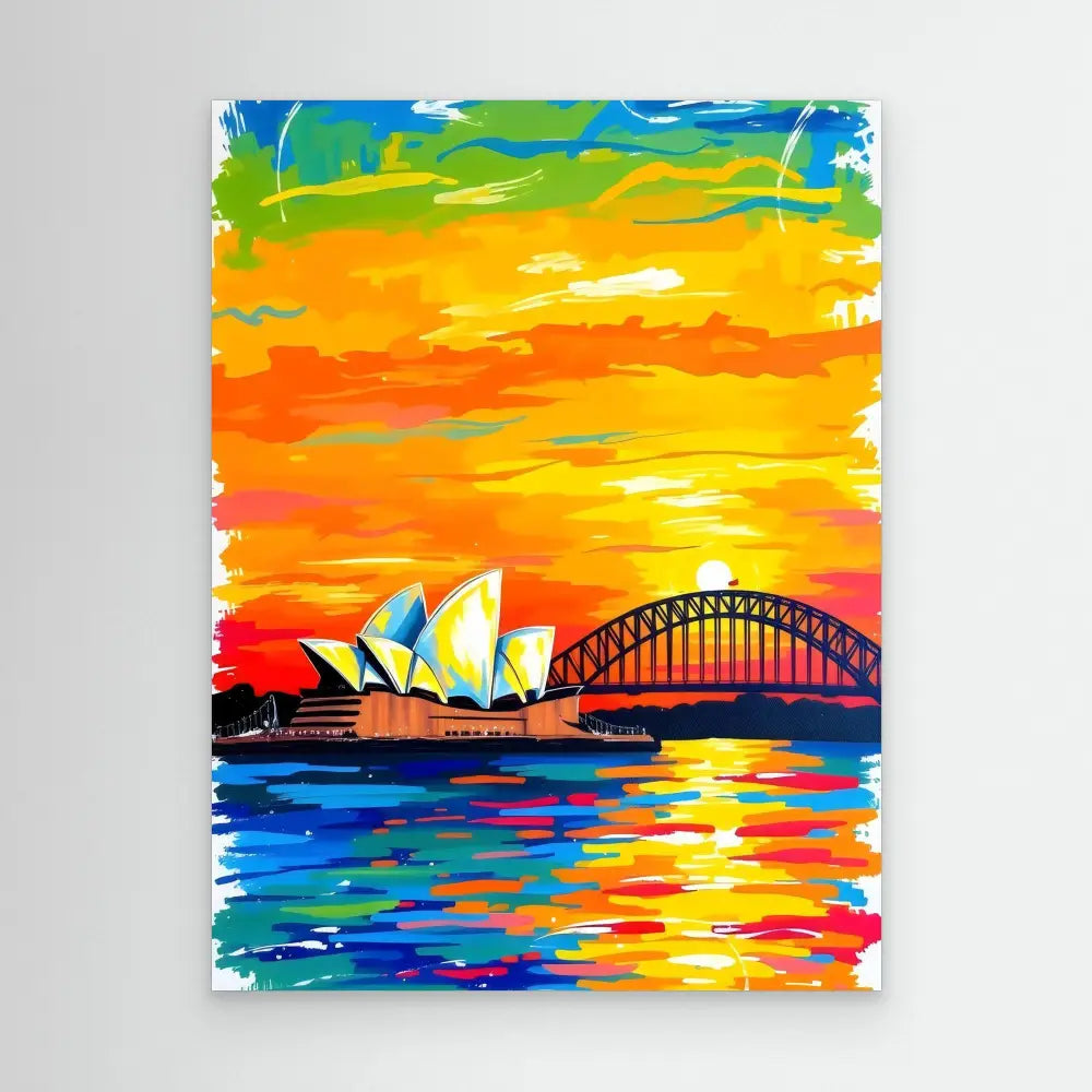 Vibrant, colorful painting of the Sydney Opera House and Harbour Bridge at sunset.