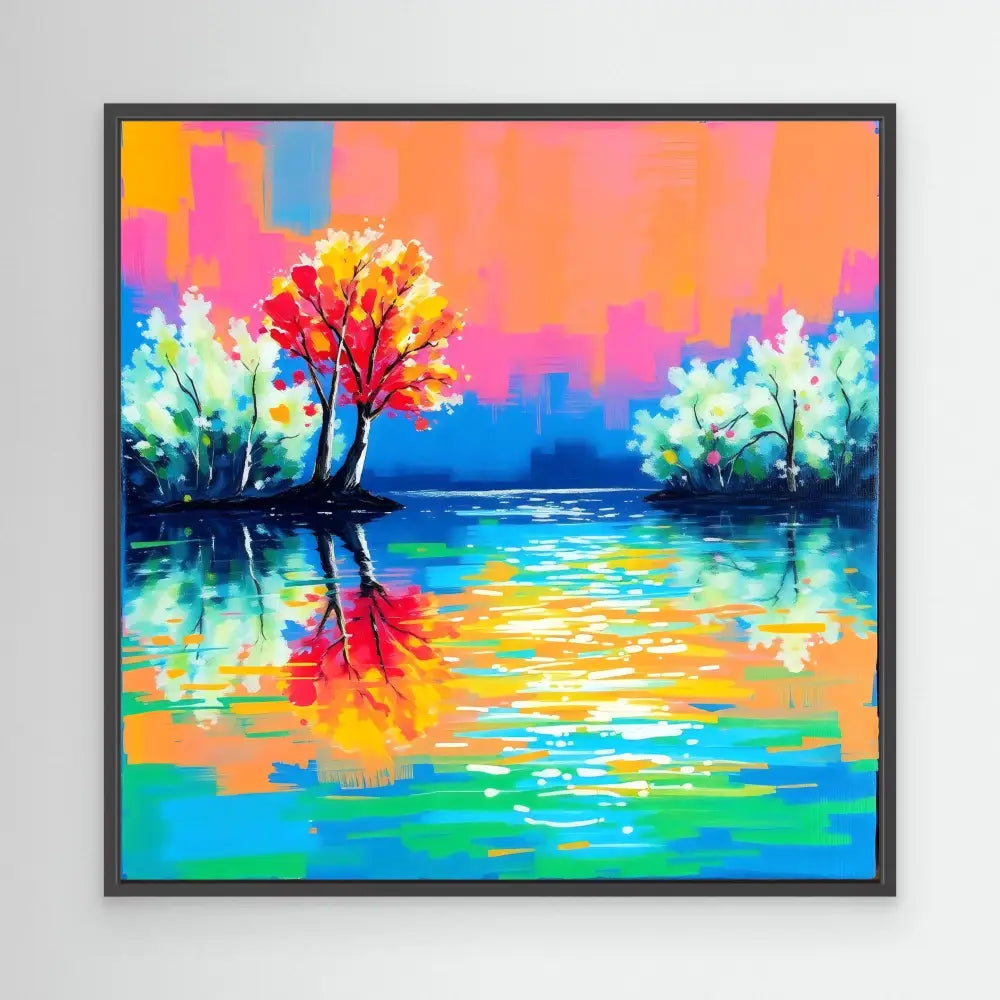 Vibrant colorful painting of trees reflecting on a lake at sunset.