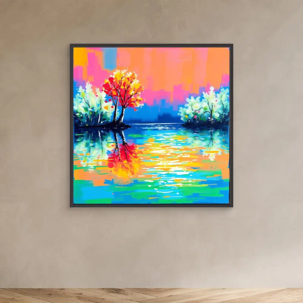 Vibrant colorful painting of trees reflecting on a lake at sunset.