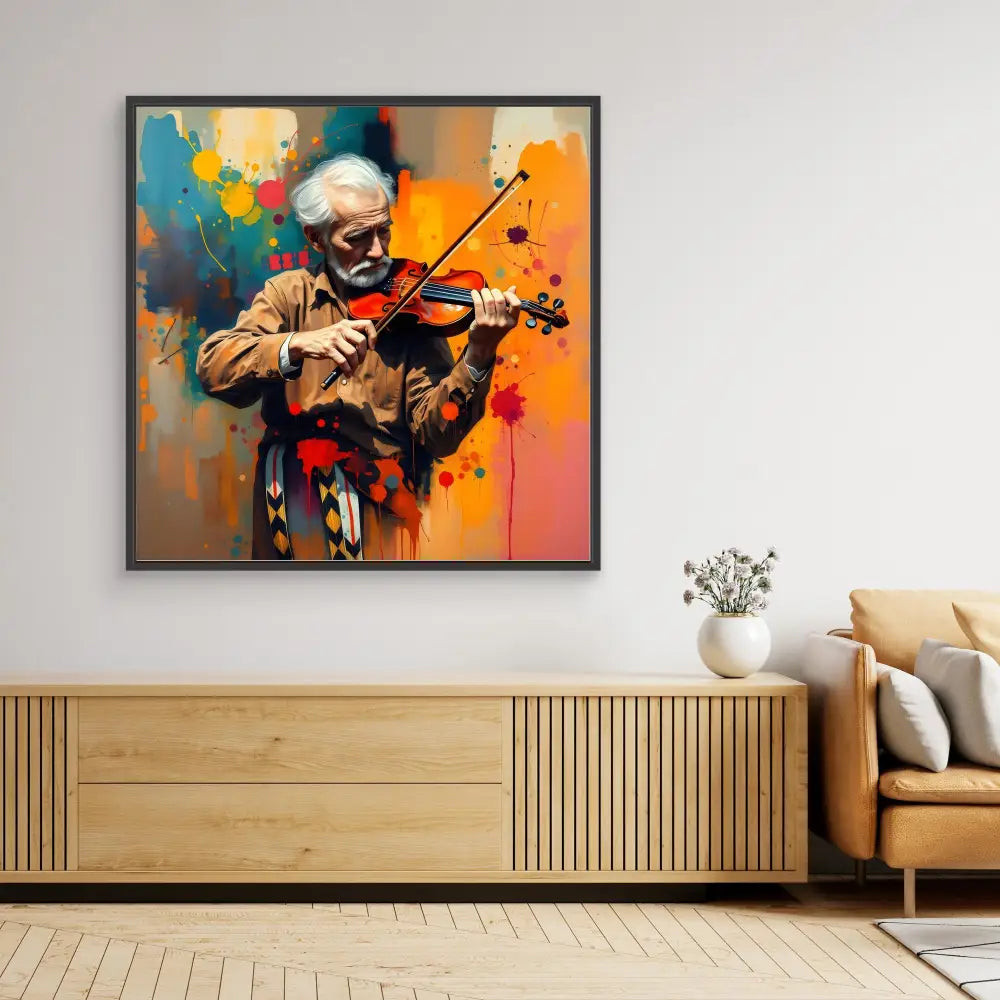 Vibrant colorful painting of a violinist performing against a splashed orange backdrop.