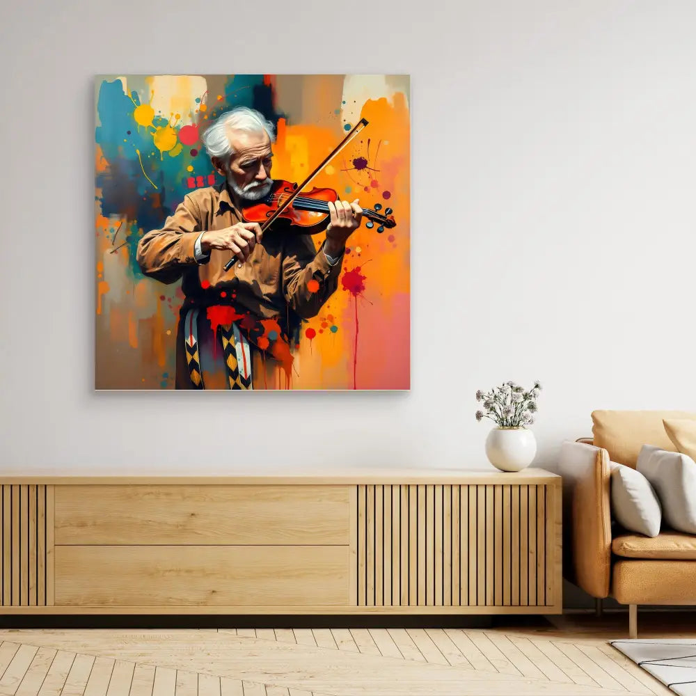 Vibrant, colorful painting of a violinist performing against a splashed orange and blue backdrop.