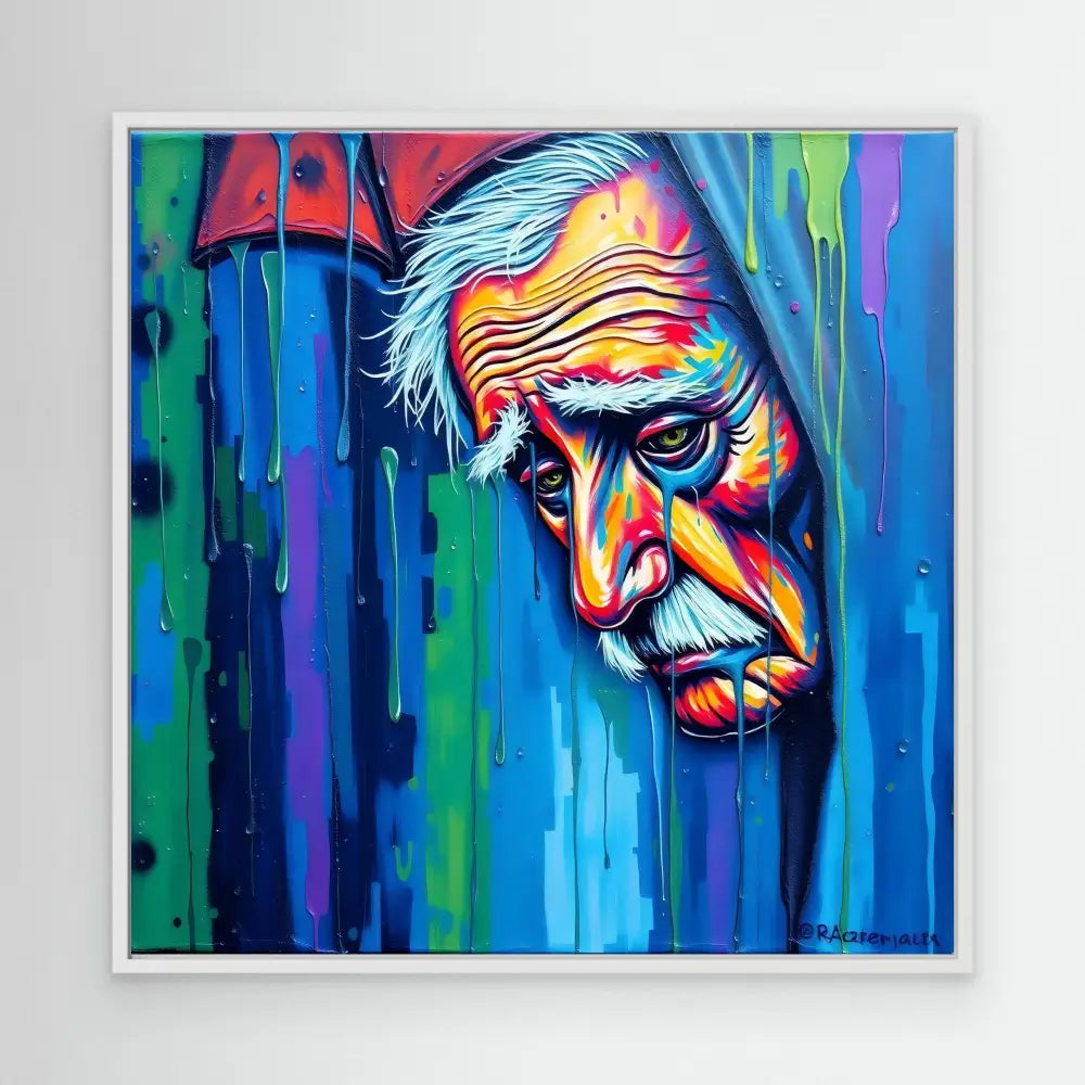 Vibrant, colorful portrait painting featuring an elderly face with white hair and a mustache emerging from dripping rainbow hues.