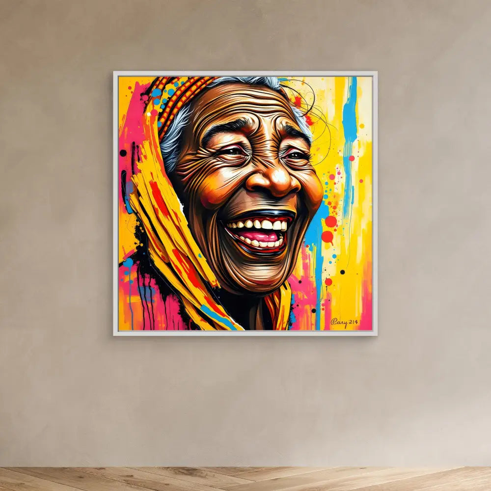 Vibrant, colorful portrait painting of a joyfully laughing person wearing a yellow headscarf.