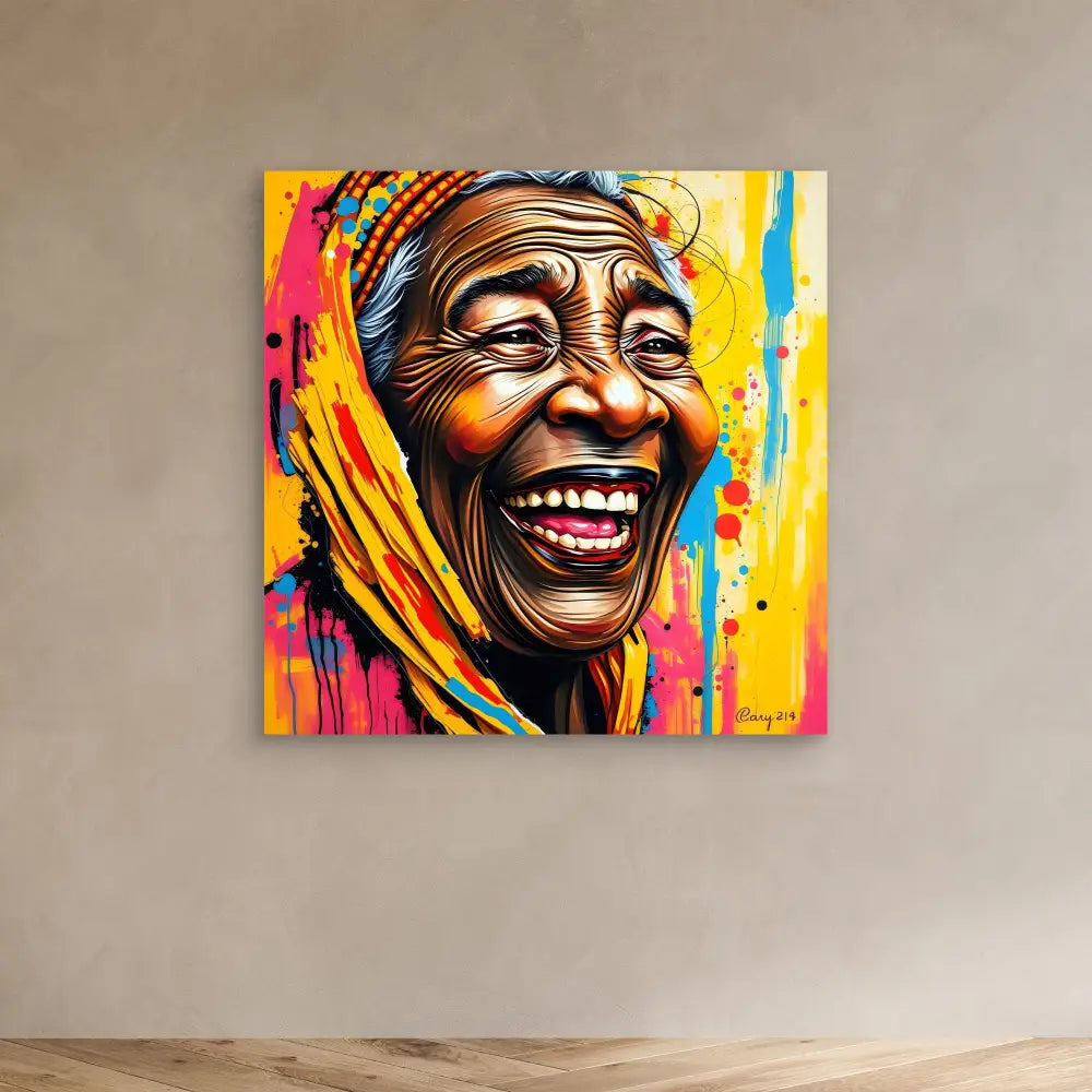 Vibrant, colorful portrait painting of a joyfully laughing person wearing a yellow headscarf.