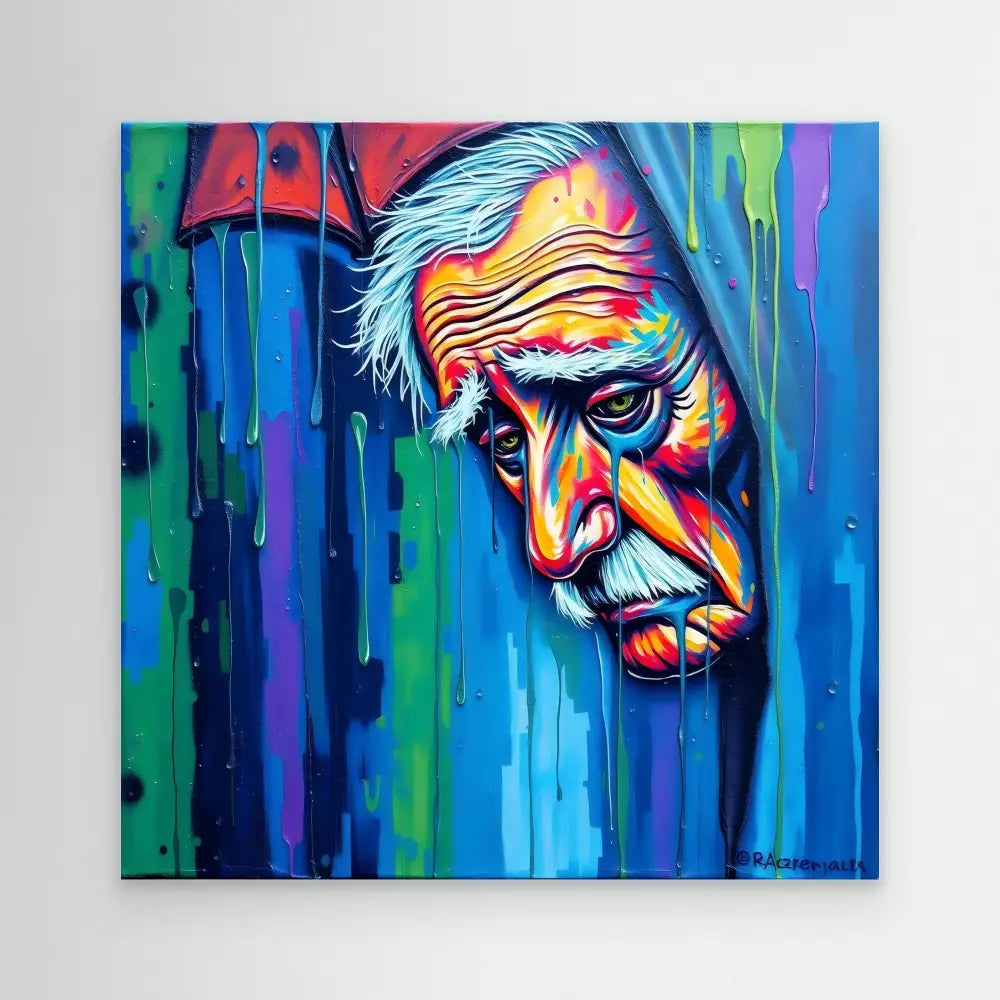 Vibrant, colorful portrait painting with dripping paint effects showing an elderly person’s face in profile against blue tones.