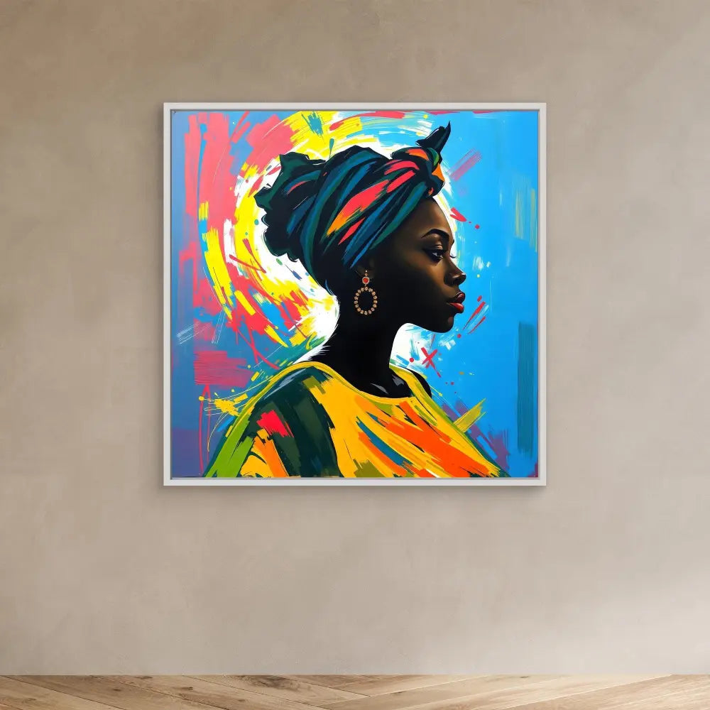 Vibrant colorful portrait painting of a person in profile wearing a blue head wrap and hoop earring.