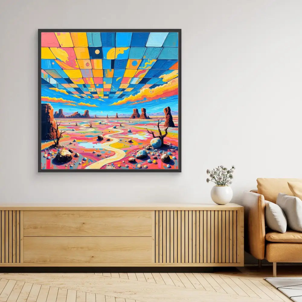 Vibrant desert landscape painting with a geometric mosaic sky featuring orange, blue and yellow tiles.