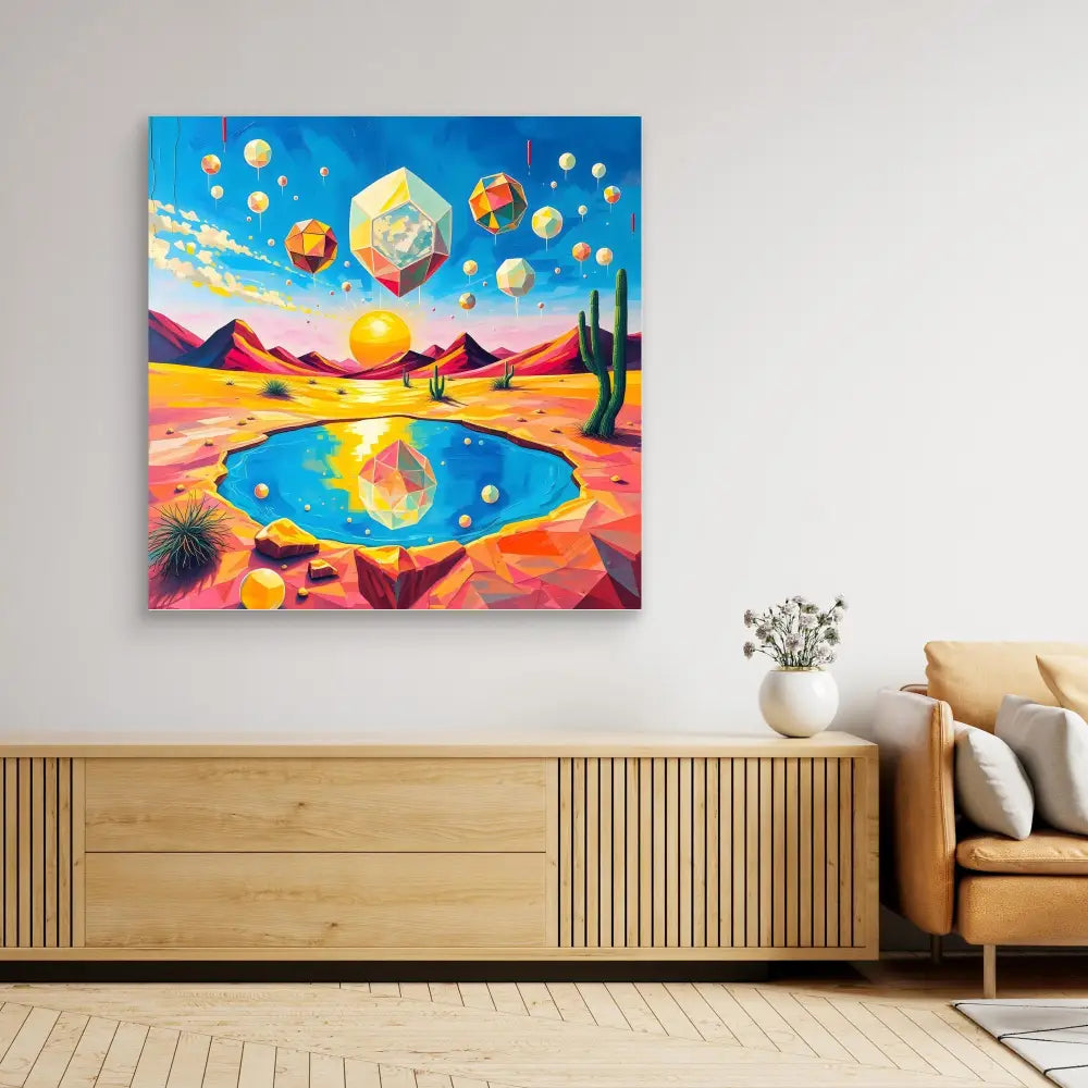 Vibrant desert landscape painting featuring hot air balloons floating over a reflective pool with mountains and cacti.