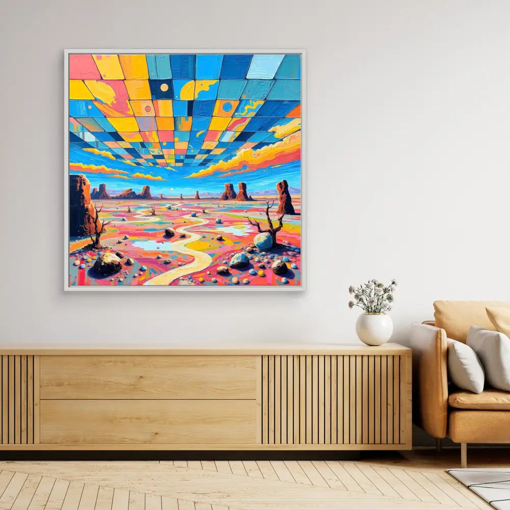 Vibrant desert landscape painting with a mosaic-style geometric sky featuring orange, yellow and blue colors.