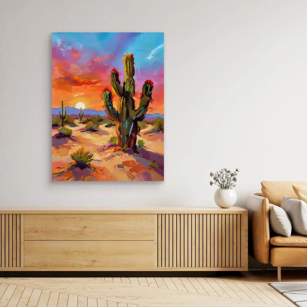 Vibrant desert landscape painting featuring a saguaro cactus against a colorful sunset sky.