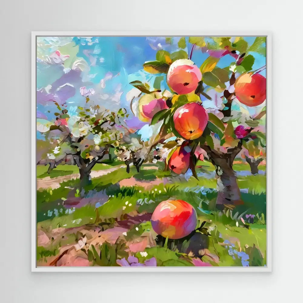 Vibrant digital painting of ripe red apples growing on trees in an orchard.