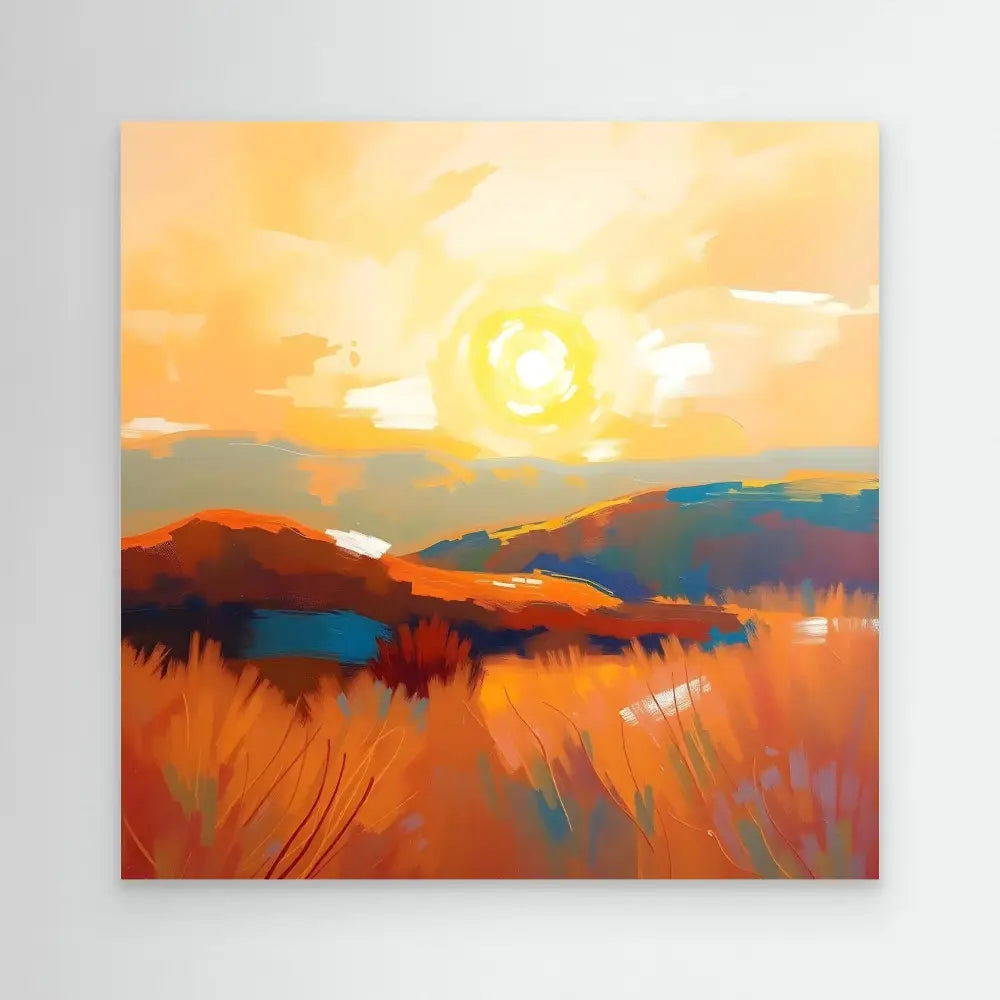 A vibrant digital painting of a sunset over autumn-colored fields.