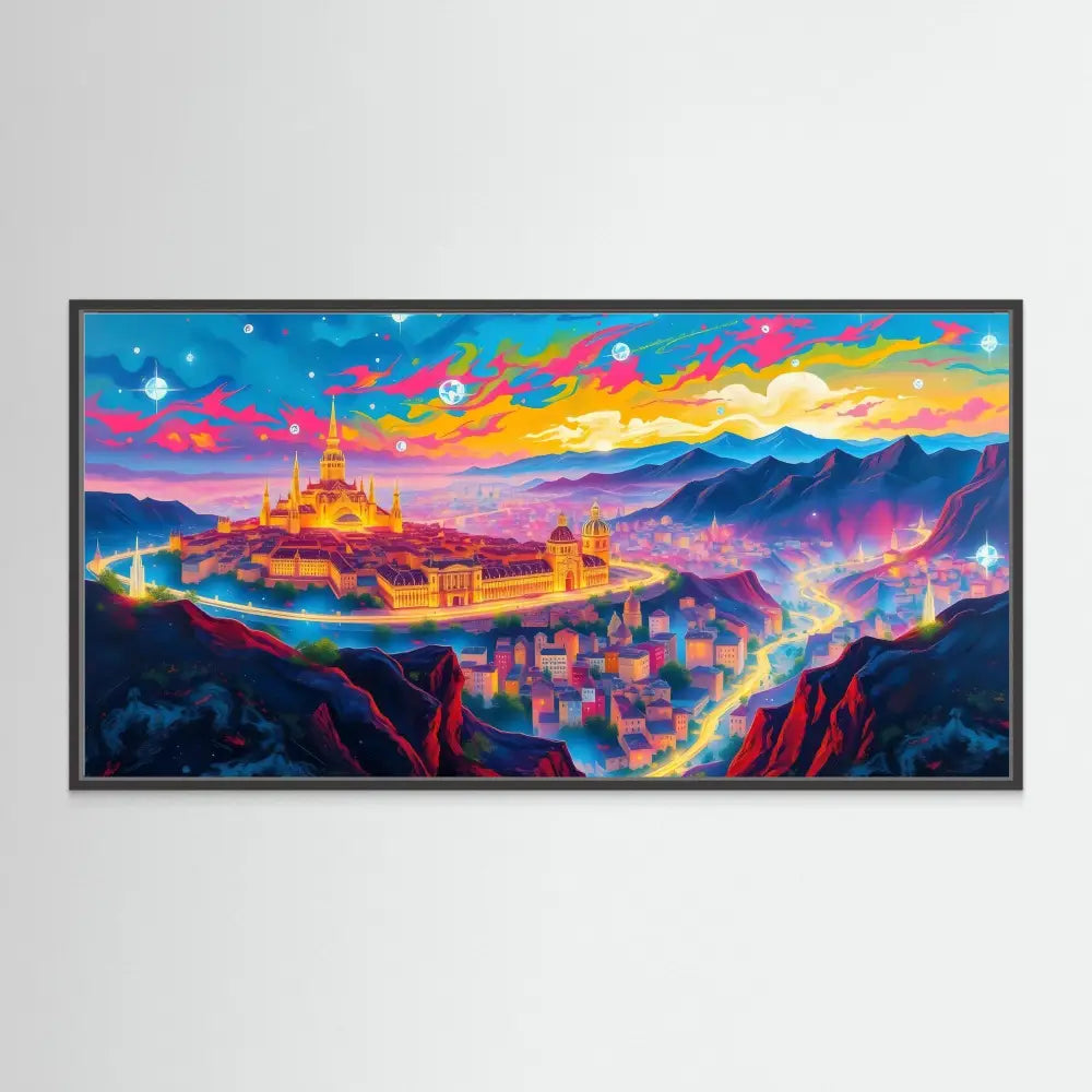 Vibrant fantasy cityscape painting with a golden castle atop mountains under a colorful swirling sky.