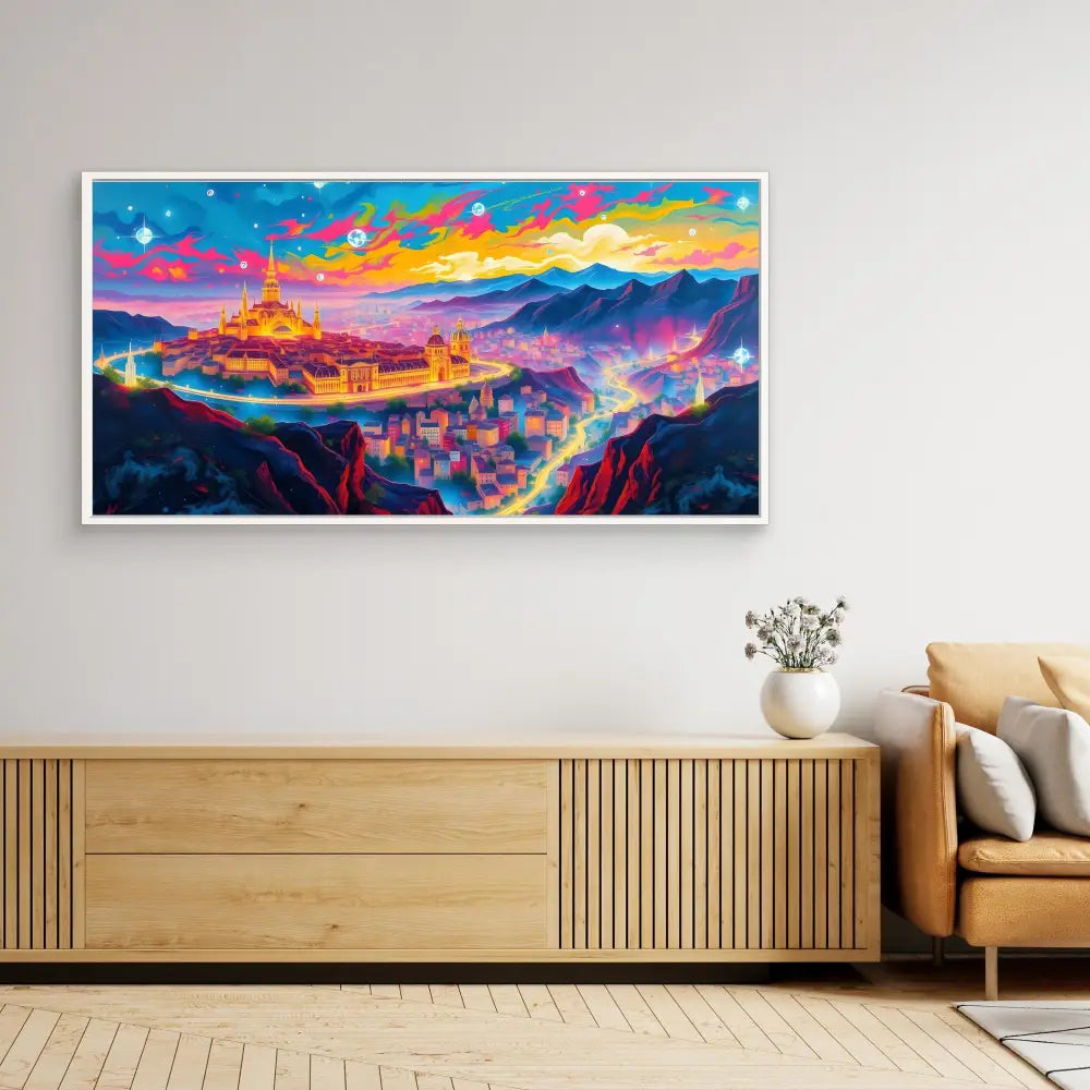 Vibrant fantasy landscape artwork with colorful mountains and a glowing castle mounted in a white frame.