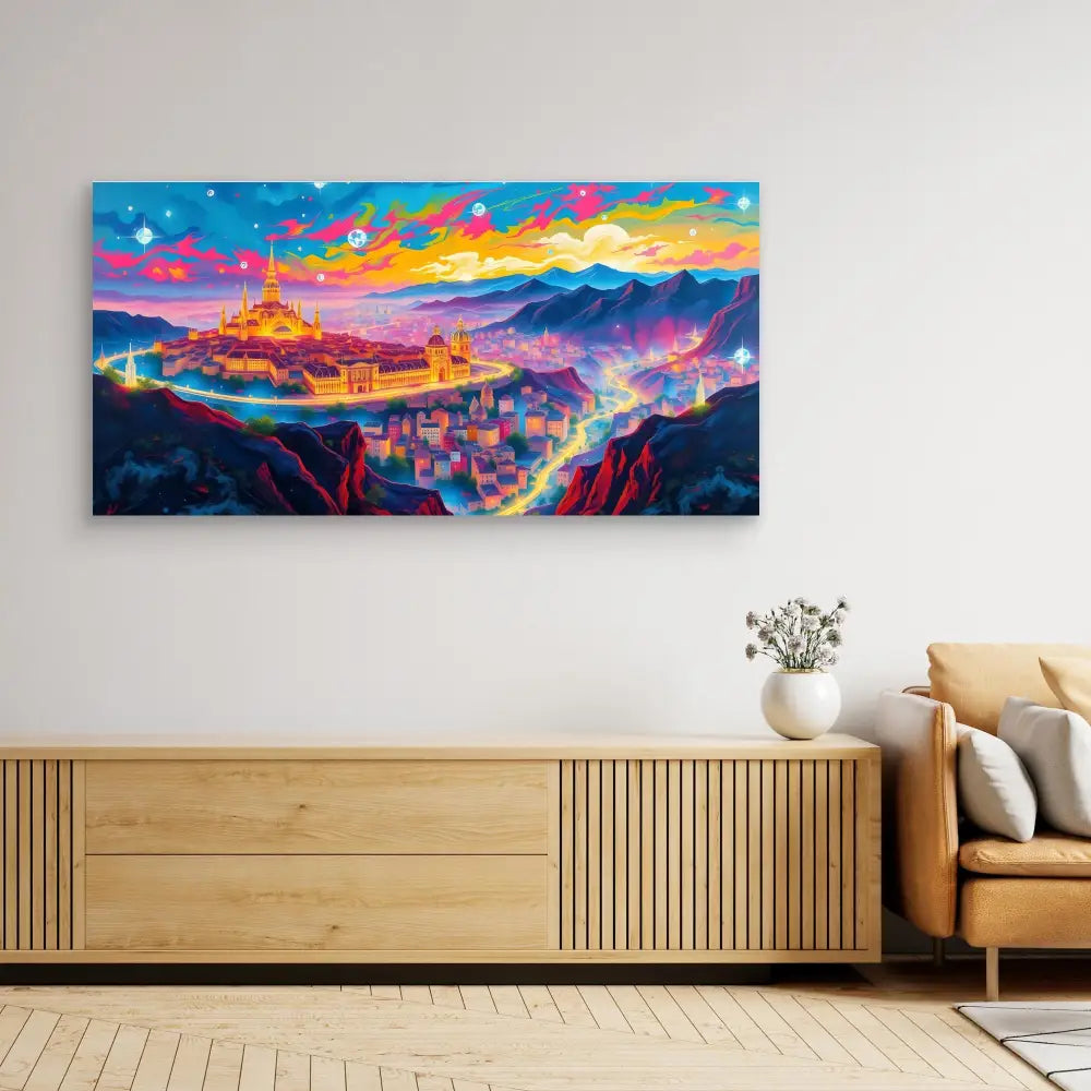 Vibrant fantasy landscape painting featuring a glowing city among mountains at sunset.