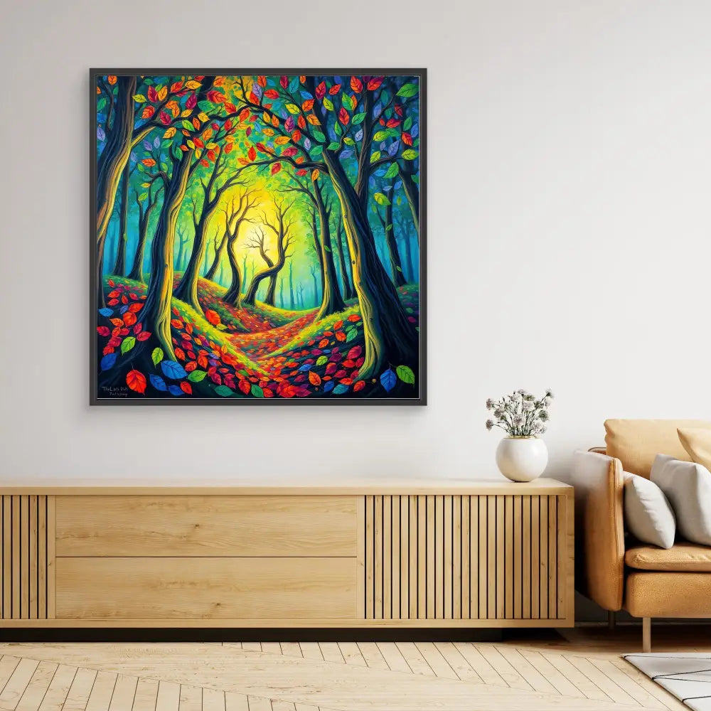 Vibrant forest path painting with colorful trees and fallen autumn leaves.