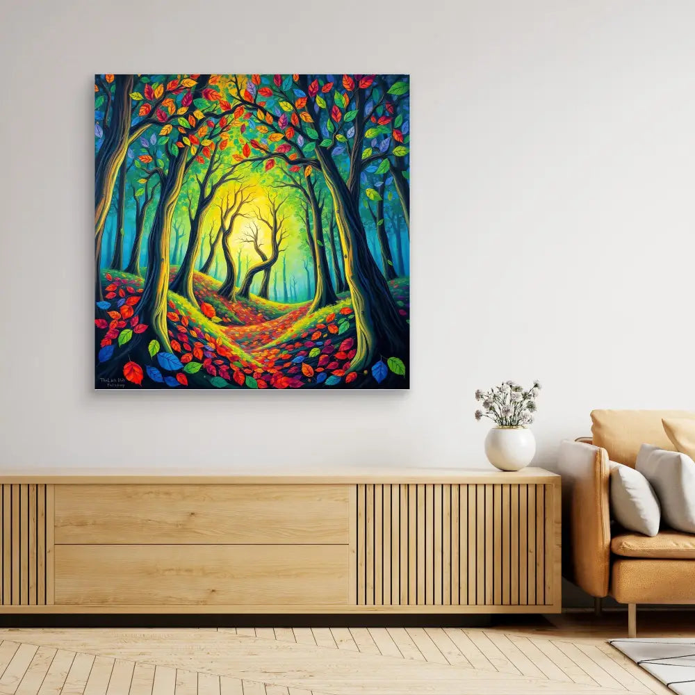 Vibrant forest path painting with colorful autumn leaves and glowing yellow-green light filtering through the trees.