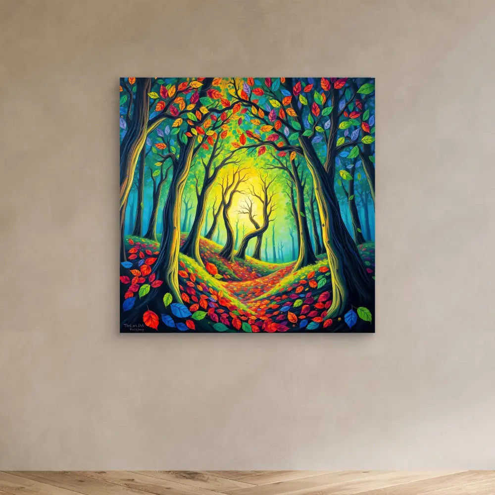 Vibrant forest path painting with colorful autumn leaves and glowing yellow light through the trees.