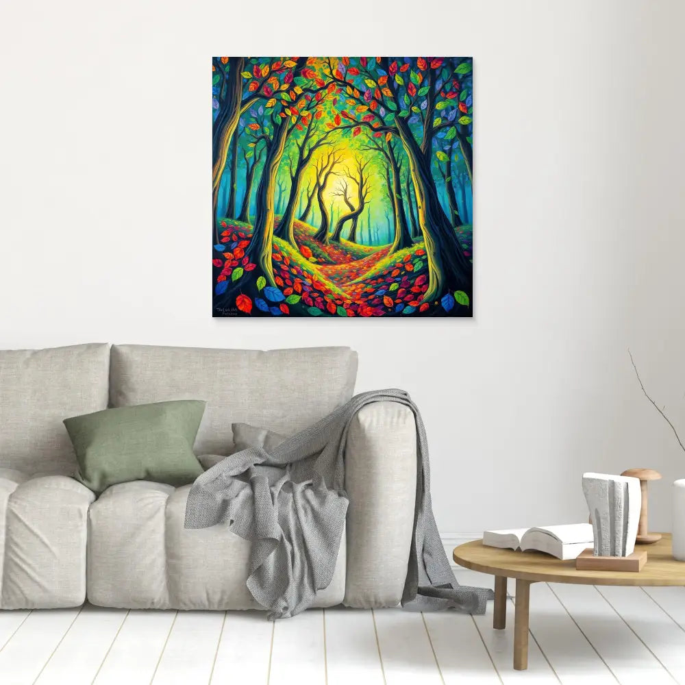 Vibrant forest path painting with glowing yellow light and colorful trees.