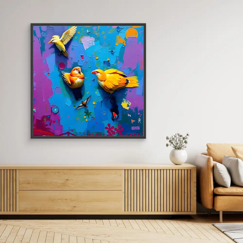 Vibrant framed artwork featuring yellow and orange birds against a blue and purple background.