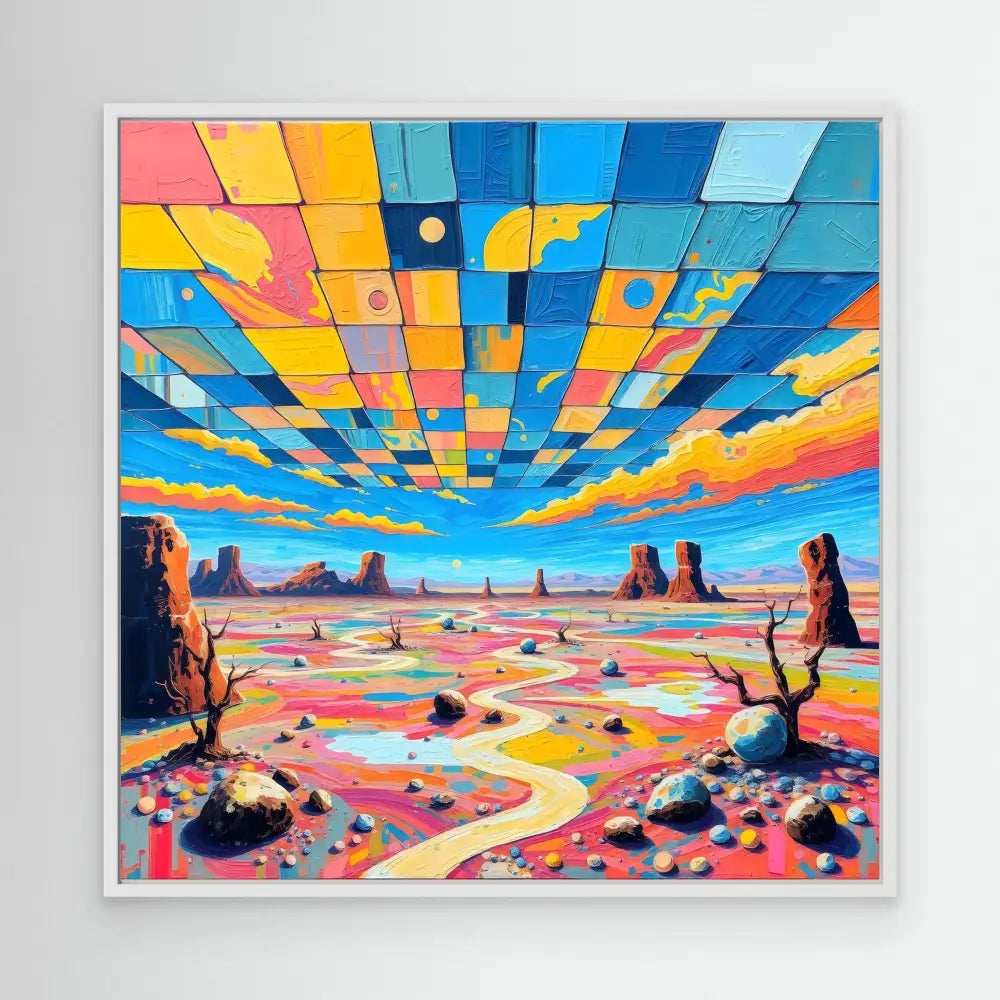 Vibrant geometric artwork depicting a desert landscape with rock formations under a colorful segmented sky.