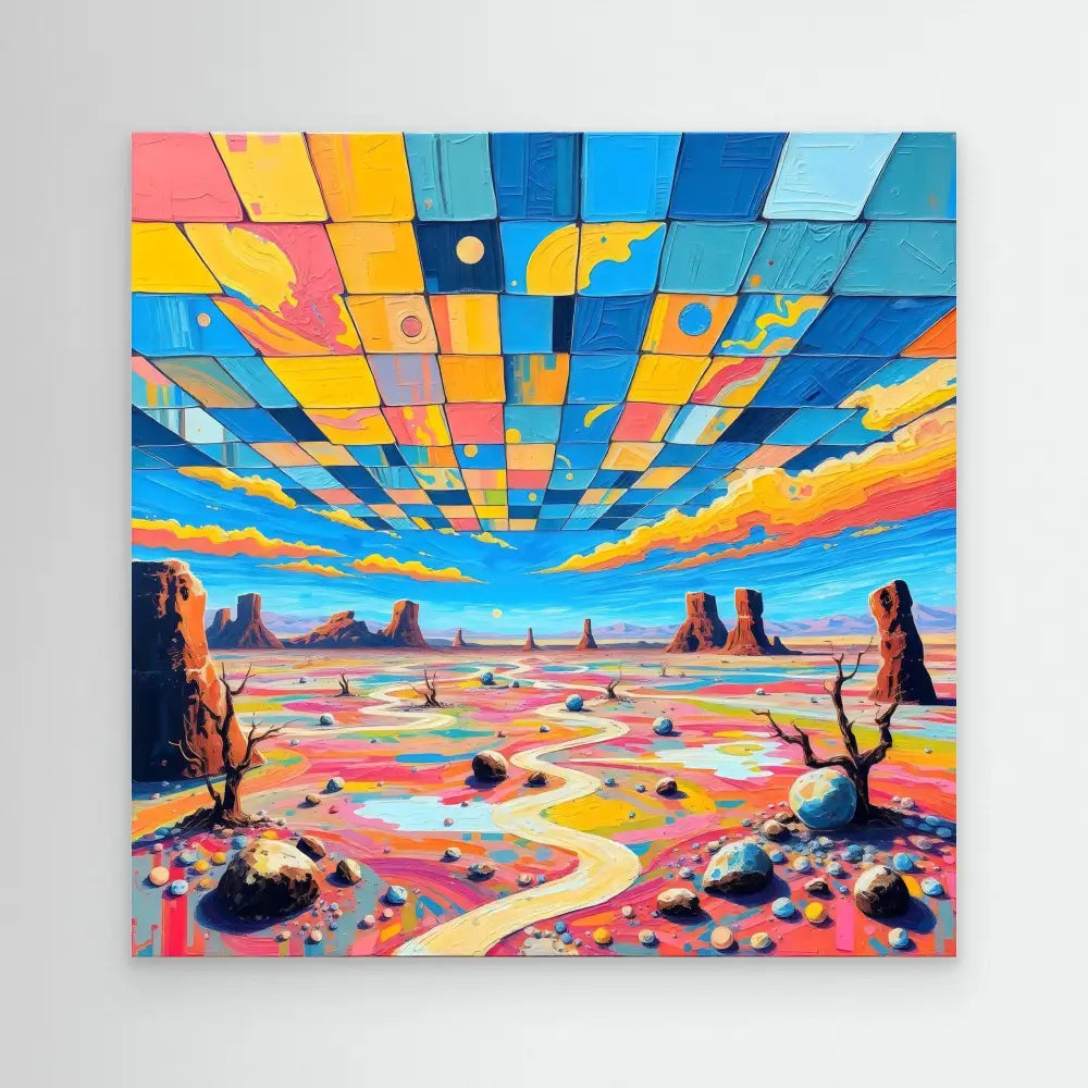 Vibrant geometric landscape painting of a desert with rock formations under a colorful segmented sky.