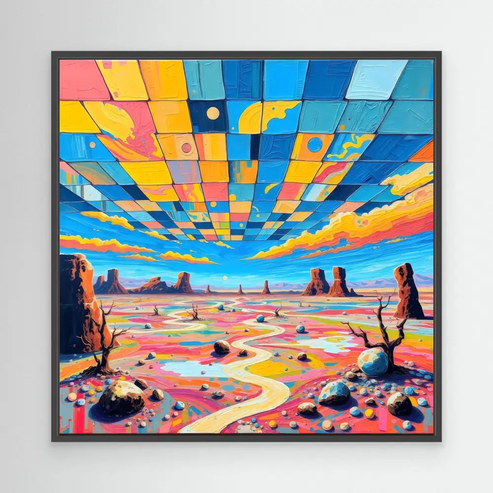 Vibrant geometric landscape painting of a desert with rock formations under a colorful segmented sky.