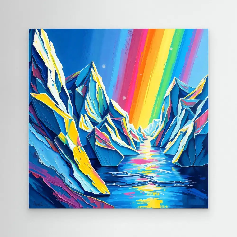 Vibrant geometric mountain landscape with a rainbow-colored sky reflecting on water below.