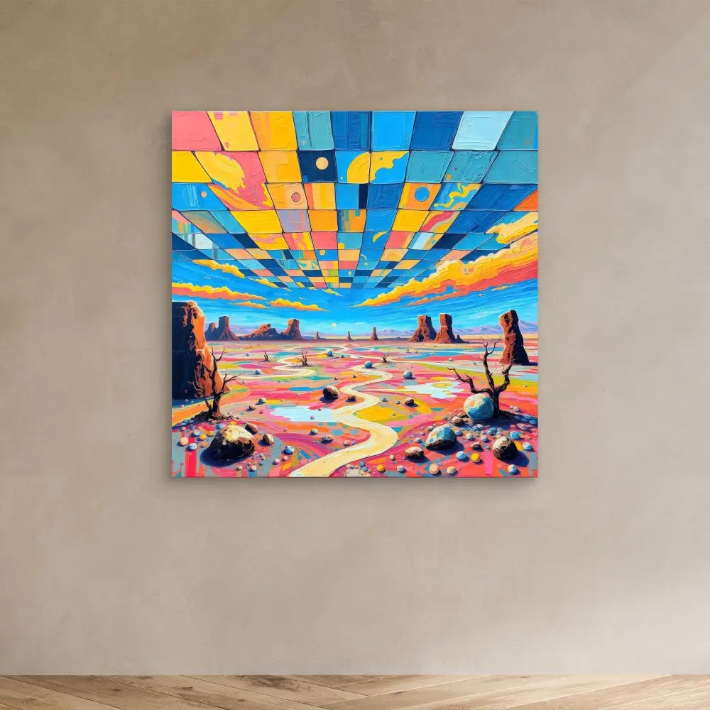 Vibrant geometric painting of a desert landscape with colorful segmented sky and winding paths.