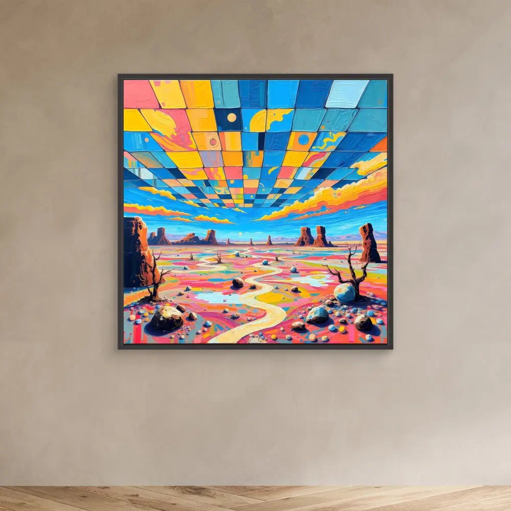 Vibrant geometric painting of a desert landscape with a mosaic-style sky featuring orange and blue segments.