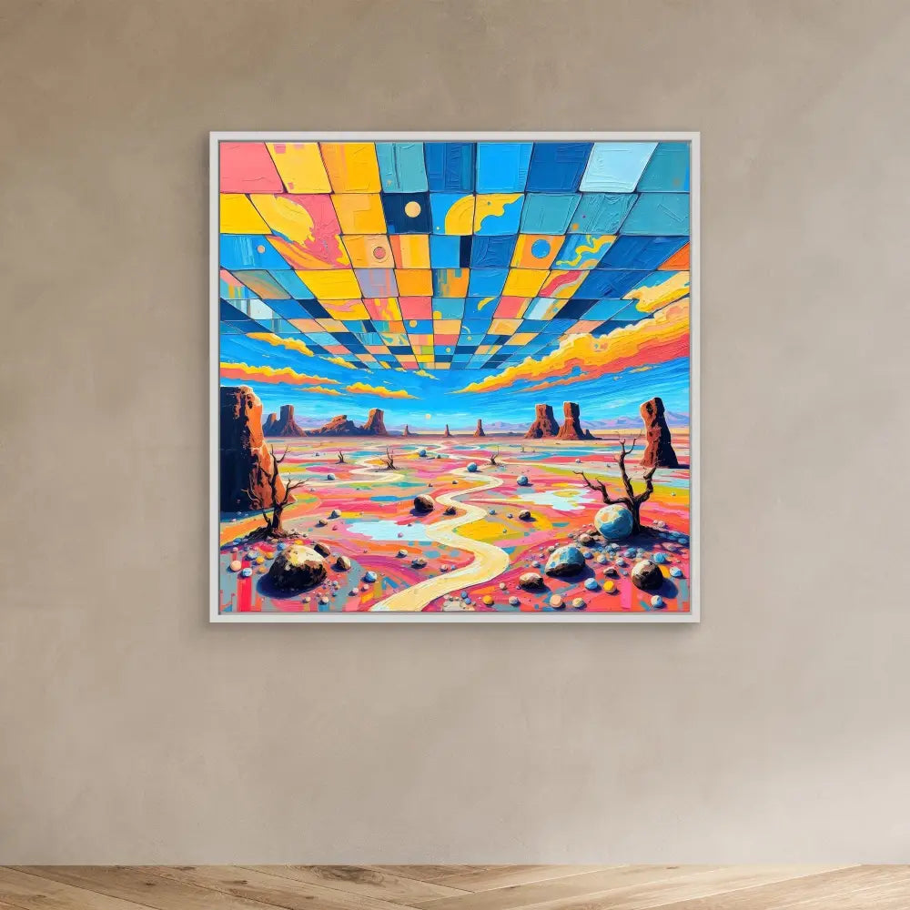 Vibrant geometric painting of a desert landscape with colorful mosaic-like sky and winding paths.