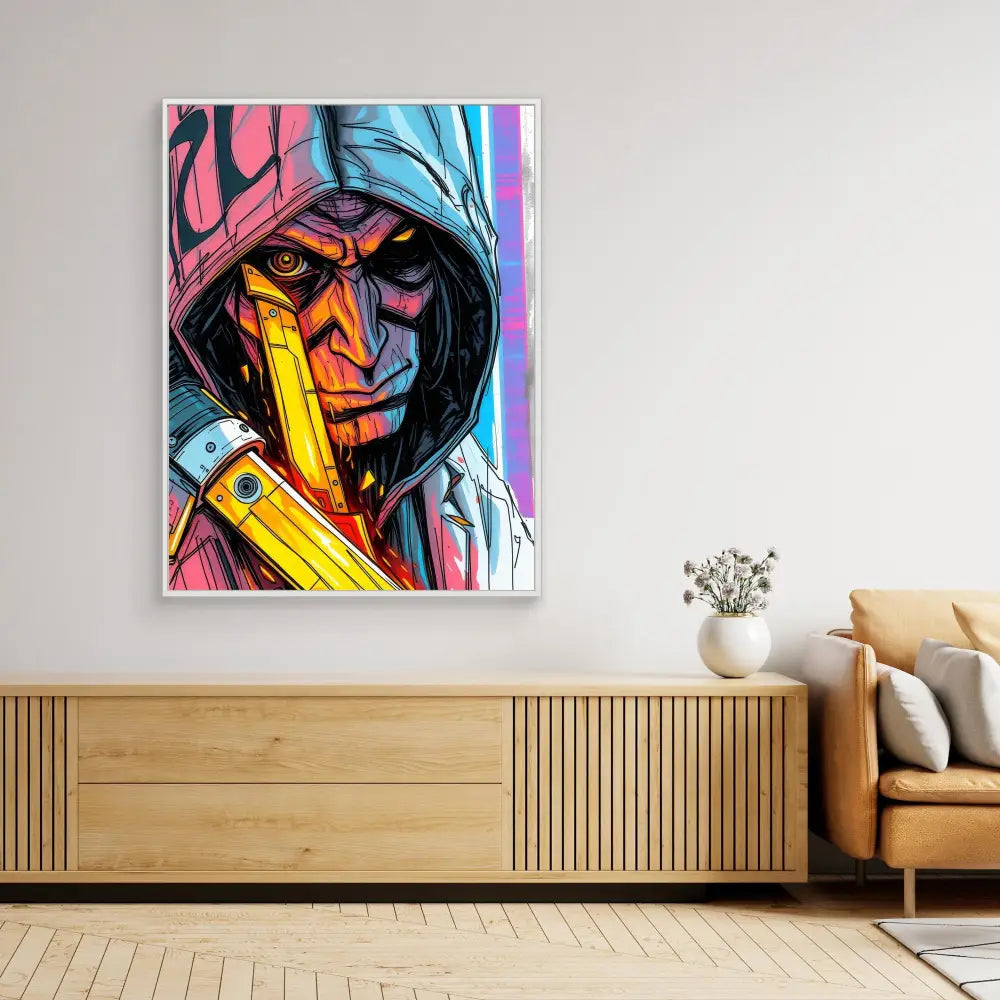 Vibrant graffiti-style artwork of a hooded figure with glowing yellow accents mounted in a white frame.