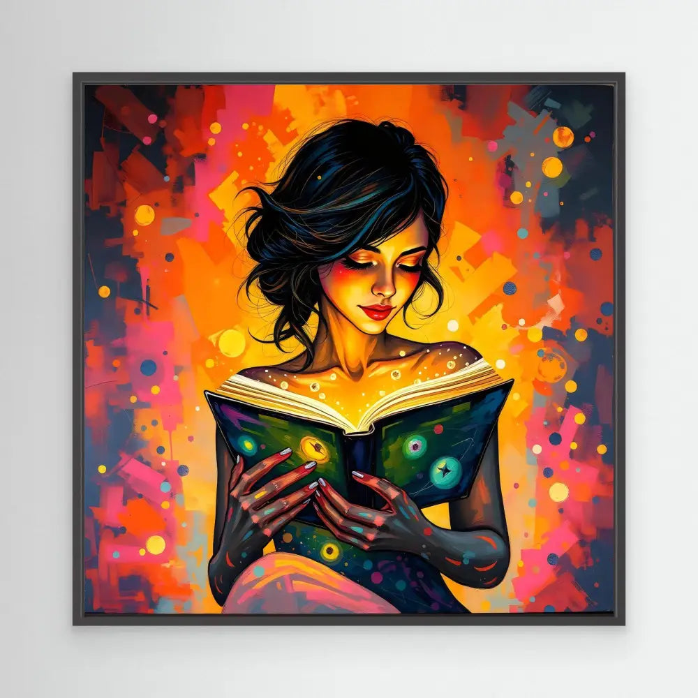 A vibrant illustration of a woman reading a glowing book amidst magical sparkles.