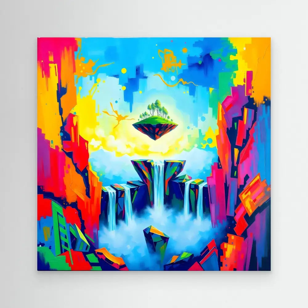 A vibrant floating island with waterfalls cascading into a colorful abstract void.