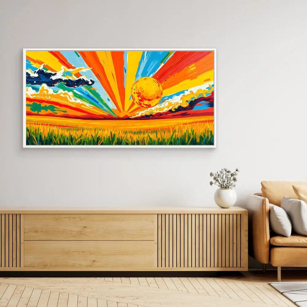 Vibrant landscape painting featuring a colorful sunburst sky over a golden wheat field.