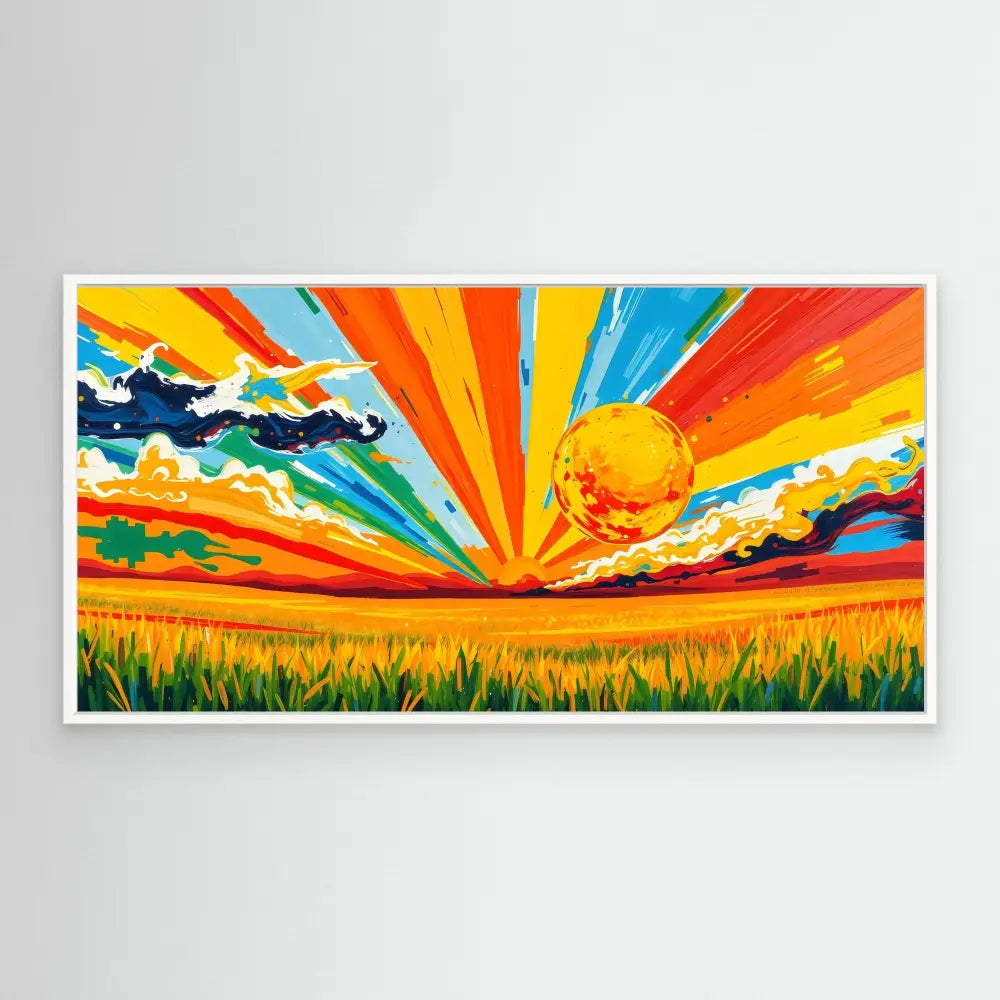 Vibrant landscape painting featuring a colorful sunburst sky over a golden wheat field.