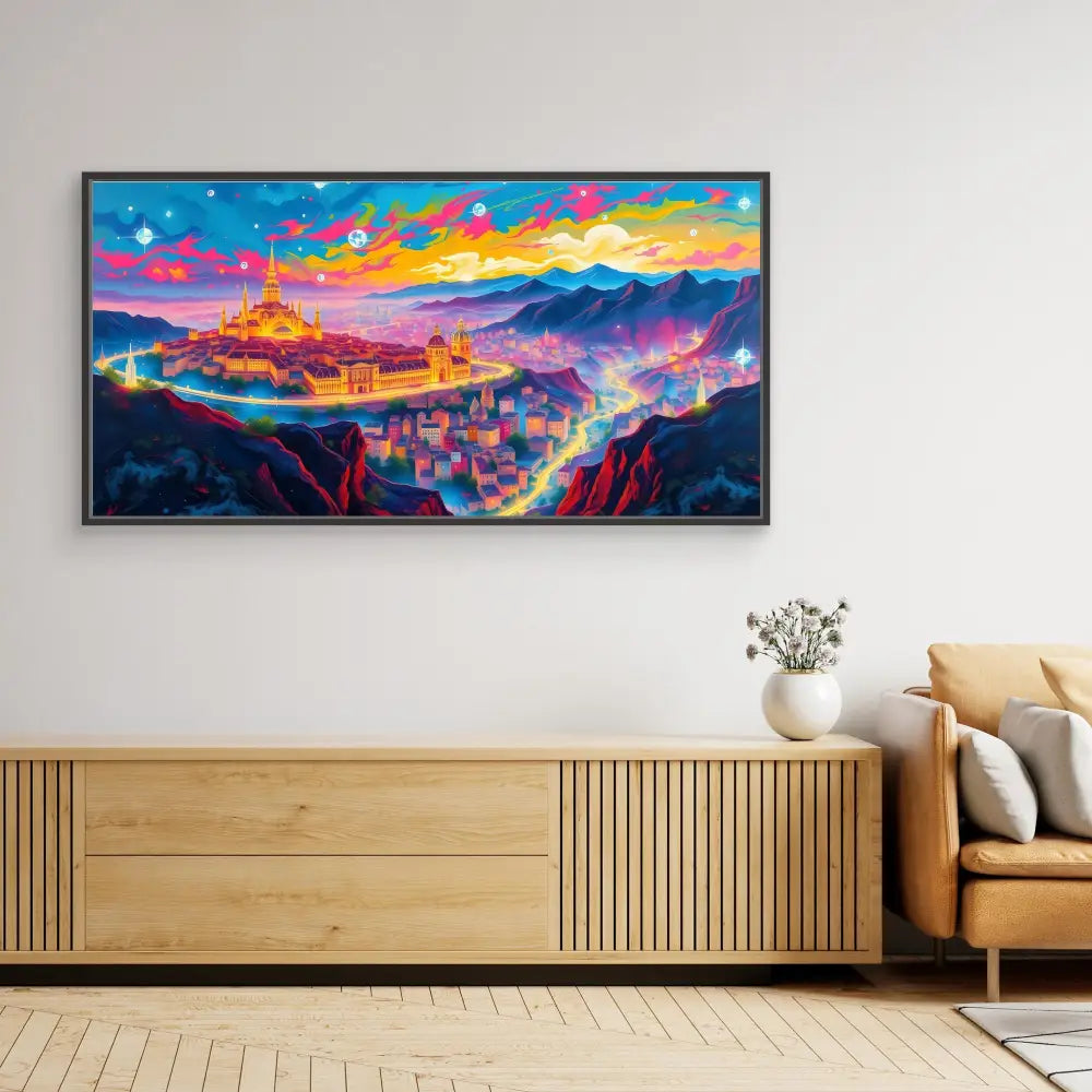 Vibrant landscape painting featuring a colorful sunset over mountains and a city in rich purples, pinks, and oranges.